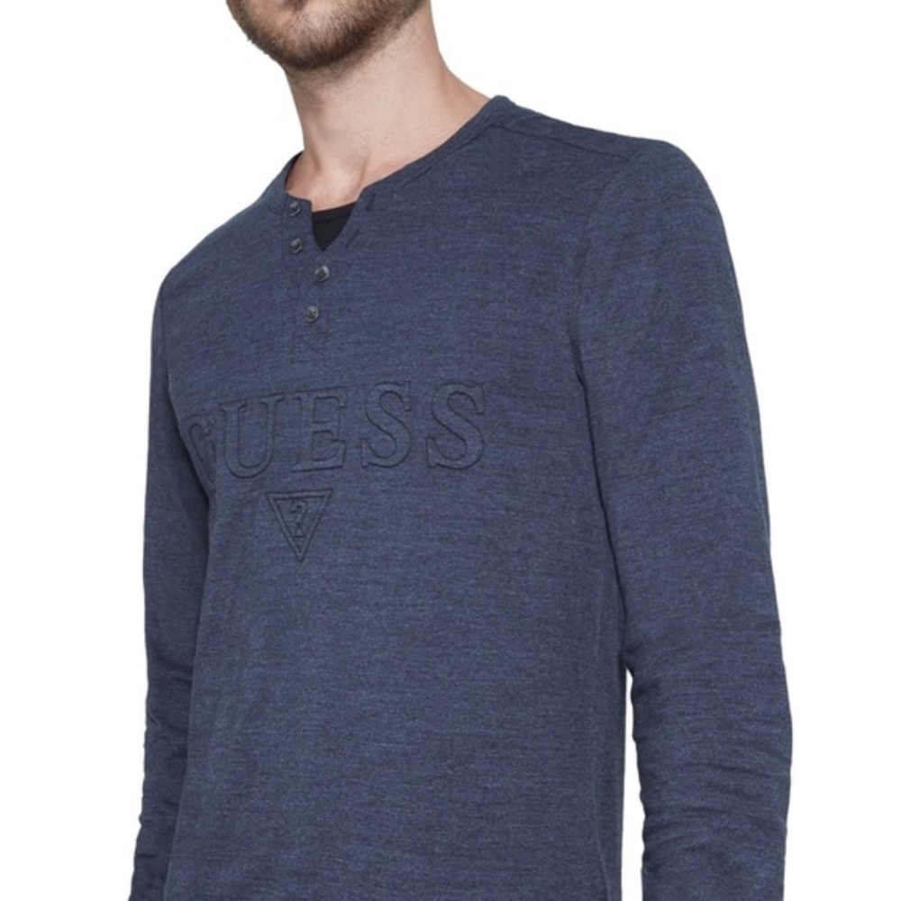 New GUESS Reese Logo Marled Henley Long Sleeve Shirt SZ L